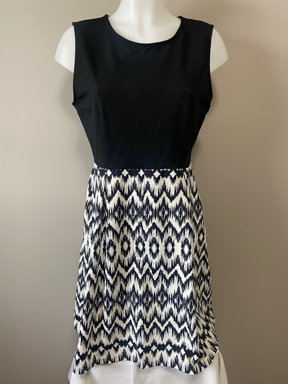 Black Sleeveless Dress with Black & White Ikat Skirt